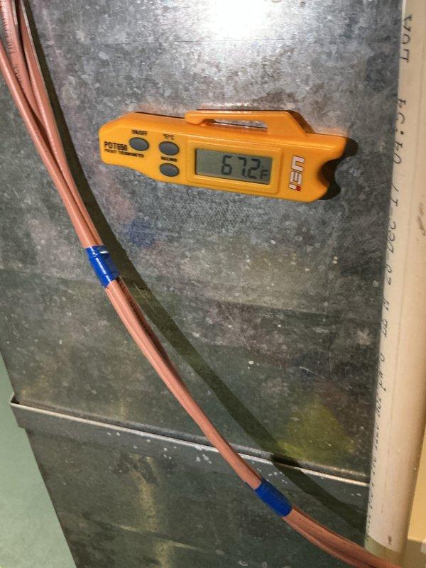 Completed scheduled preventive maintenance on residential cooling system. Performed standard inspection of air handler unit, replaced air filters with new pleated media filters, and verified proper airflow through the system. Measured and recorded refrigerant temperatures using digital testing equipment, confirming system operating parameters were within normal range at 67.2°F. All components inspected and found to be functioning properly with no issues identified during this maintenance visit.