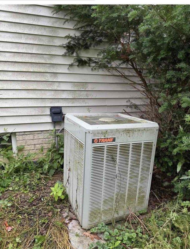 Completed on-site evaluation of existing Trane air conditioning condenser unit showing significant age-related deterioration, including heavy algae and mold growth on cabinet surfaces, rust staining, and vegetation overgrowth around the base. Documented current equipment condition and surrounding installation area, photographing the unit's weathered state and accessible clearance space near foundation landscaping. Provided comprehensive replacement options for new HVAC system installation, accounting for existing outdoor placement constraints and necessary vegetation management requirements.