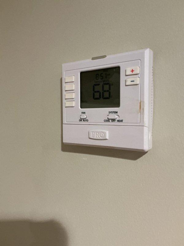 Replaced HVAC air filter with new 20x25 pleated filter to maintain proper system airflow and efficiency. Verified thermostat operation and confirmed system cooling properly at 69 degrees.