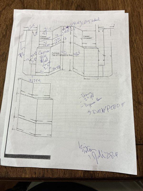 Conducted comprehensive HVAC system replacement estimate in mechanical room with brick wall construction. Evaluated existing furnace installation, documented equipment dimensions and clearances, and prepared detailed technical specifications including cased and uncased configurations with measurements from furnace top to floor level. Provided customer with complete replacement options for both heating and air conditioning systems, including equipment specifications and installation requirements based on current mechanical room layout and ductwork configuration.