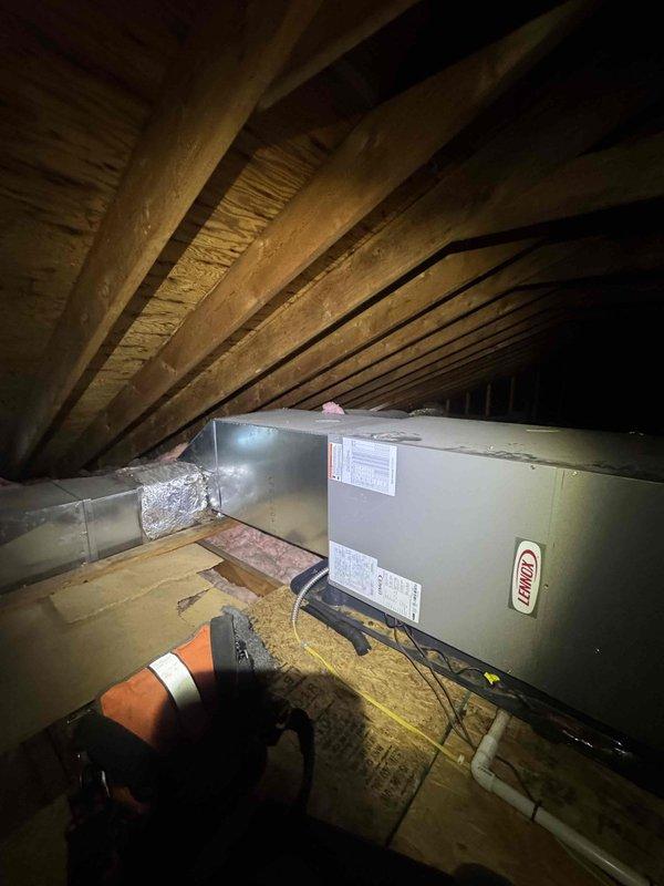 Responded to no-cooling call for central air conditioning system in recently purchased home. Upon arrival, inspected both indoor air handler unit located in attic and outdoor condensing unit. Performed diagnostic testing on electrical components, refrigerant levels, and airflow systems. Identified system failure and completed necessary repairs to restore cooling operation to entire home. Unit returned to normal operating condition with proper airflow and temperature output verified before departure.