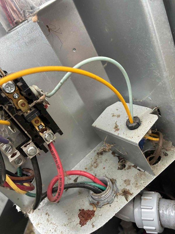 Completed cooling season tune-up on HVAC system. Inspected blower assembly and found moderate dust accumulation on squirrel cage fan blades; cleaned and verified proper rotation. Examined electrical connections in junction box, noting all wire terminations secure at terminal blocks. Observed rust staining on mounting surface near condensate area, indicating previous moisture exposure though currently dry. System tested and operating within normal parameters.