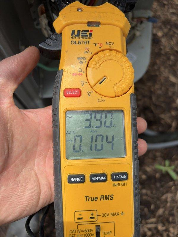 Completed comprehensive cooling system tune-up including electrical diagnostics and temperature verification. Measured supply air temperature at 78.8°F in attic ductwork and performed electrical testing showing 349.6V with 0.104A draw, confirming proper system operation and efficiency. All components inspected and found operating within manufacturer specifications.