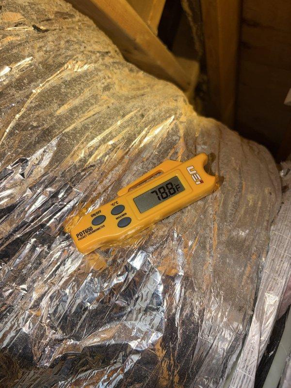 Completed comprehensive cooling system tune-up including electrical diagnostics and temperature verification. Measured supply air temperature at 78.8°F in attic ductwork and performed electrical testing showing 349.6V with 0.104A draw, confirming proper system operation and efficiency. All components inspected and found operating within manufacturer specifications.