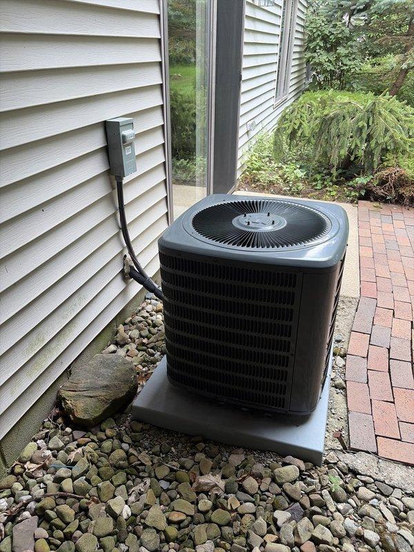 Completed routine cooling maintenance on residential air conditioning system. Inspected outdoor condensing unit, verified proper operation and clearances, and replaced indoor air filter with new 16x20x1 MERV-rated filter to ensure optimal airflow and system efficiency.