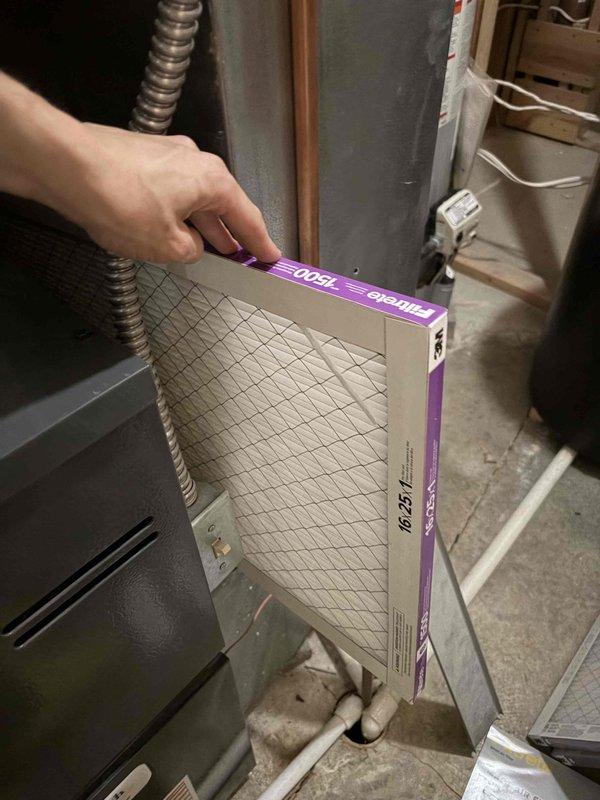 Completed routine cooling maintenance on residential air conditioning system. Inspected outdoor condensing unit, verified proper operation and clearances, and replaced indoor air filter with new 16x20x1 MERV-rated filter to ensure optimal airflow and system efficiency.