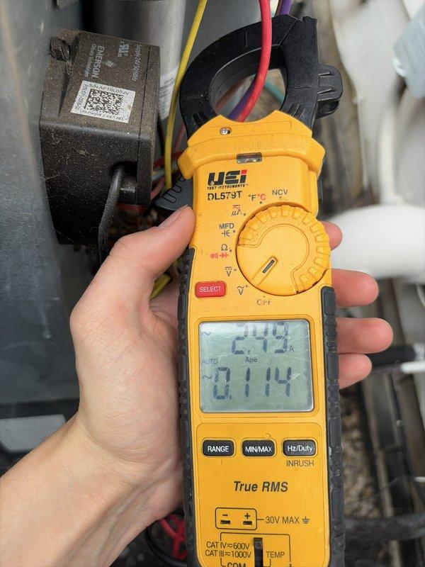 Completed scheduled preventive maintenance on residential cooling system as part of ongoing service plan. Performed comprehensive inspection of electrical connections at contactor and terminal block, verifying all wire terminations were secure and properly torqued. Utilized digital clamp meter to measure electrical parameters including voltage readings of 249V and amperage draw of 0.114A to confirm proper system operation and component functionality. All electrical connections found in acceptable condition with no signs of overheating or deterioration.