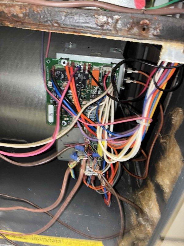 Completed comprehensive cooling season tune-up on outdoor condensing unit and air handler system. Unit exterior showed significant debris accumulation and biological growth around base; cleared organic matter, leaves, and soil buildup from condenser pad and surrounding area. Inspected refrigerant line connections, electrical components including control board with multi-wire harness, and blower motor assembly. Noted moderate corrosion on copper refrigerant lines and metal housing surfaces indicating age and moisture exposure. All electrical connections verified secure, system operational parameters confirmed within normal range.