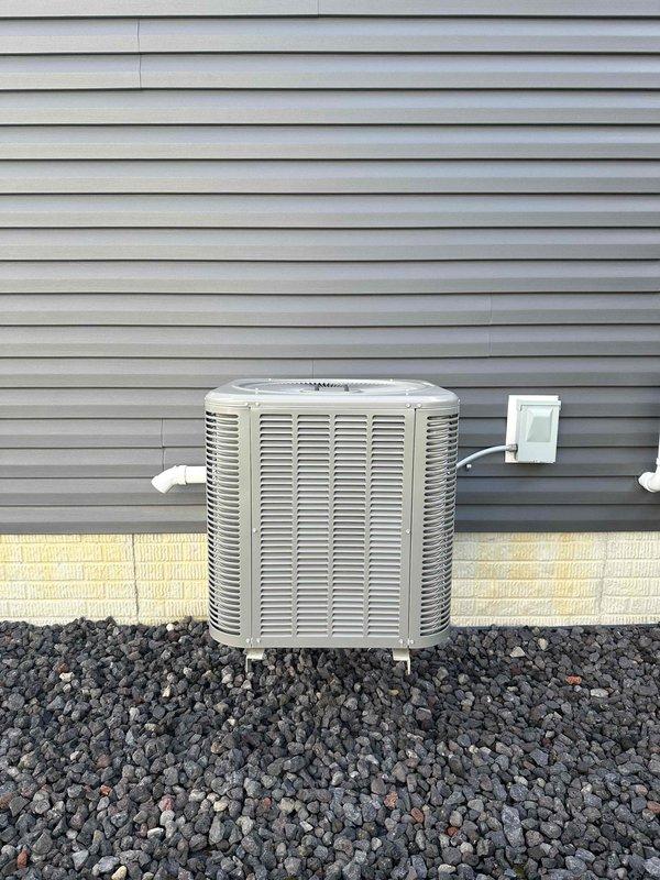 Completed scheduled preventive maintenance on residential cooling system. Performed comprehensive inspection of outdoor condenser unit, verified proper operation of fan motor and compressor, checked refrigerant levels, and inspected electrical connections at exterior junction box. All components found operating within normal parameters with no deficiencies noted.