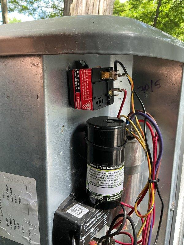 Completed comprehensive HVAC cooling system maintenance on outdoor condensing unit under MVP plan. Performed thorough inspection of electrical components including contactor, capacitor, and control relay, verifying all connections and proper operation. Documented system condition with temperature readings and component photography for service records.