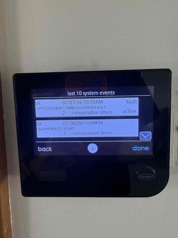 Responded to no-cooling call following power surge event. Upon arrival, accessed thermostat system diagnostics and reviewed fault history. Identified active outdoor unit communication fault (U1 error code) occurring multiple times, preventing system operation. Diagnostic log also revealed previous high humidity alerts and humidity sensor fault. Troubleshot communication failure between indoor and outdoor units, traced issue to surge-damaged control board components. Replaced failed communication circuit, cleared fault codes, and restored proper system communication. Verified unit operation, confirmed cooling cycle initiated successfully, and tested all system functions. System returned to normal operation with no active faults.