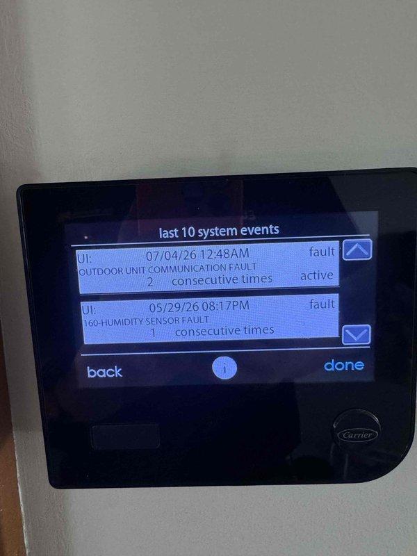 Responded to no-cooling call following power surge event. Upon arrival, accessed thermostat system diagnostics and reviewed fault history. Identified active outdoor unit communication fault (U1 error code) occurring multiple times, preventing system operation. Diagnostic log also revealed previous high humidity alerts and humidity sensor fault. Troubleshot communication failure between indoor and outdoor units, traced issue to surge-damaged control board components. Replaced failed communication circuit, cleared fault codes, and restored proper system communication. Verified unit operation, confirmed cooling cycle initiated successfully, and tested all system functions. System returned to normal operation with no active faults.