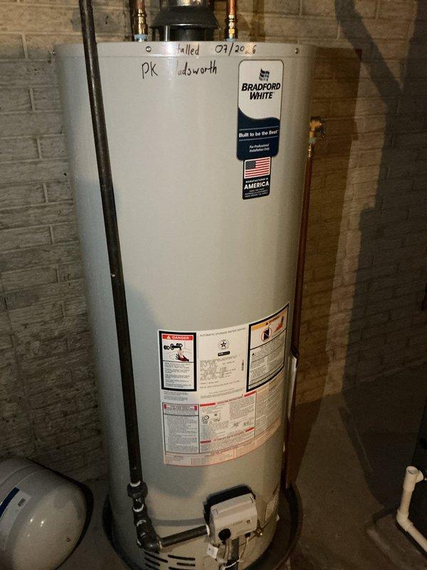 Returned to property and successfully installed a new 50-gallon Bradford White residential water heater with all required code upgrades. Installation included proper copper piping connections, circulation pump integration, pressure relief valve with discharge piping, and all necessary safety controls to bring the system into full compliance with current building codes.