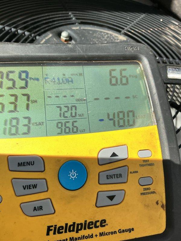 Responded to complaint of AC unit running excessively while maintaining adequate cooling. Performed diagnostic evaluation using digital manifold gauges to measure system pressures and temperatures. High-side pressure reading showed 159 psig with 37°F superheat and 83% saturation on suction side; low-side registered 66 psig with subcooling readings captured. System operating within acceptable parameters with no refrigerant leaks detected or mechanical failures identified. Unit maintaining proper cooling capacity despite extended run times, which may be attributed to seasonal load demands or thermostat settings rather than equipment malfunction.