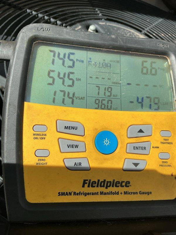Responded to complaint of AC unit running excessively while maintaining adequate cooling. Performed diagnostic evaluation using digital manifold gauges to measure system pressures and temperatures. High-side pressure reading showed 159 psig with 37°F superheat and 83% saturation on suction side; low-side registered 66 psig with subcooling readings captured. System operating within acceptable parameters with no refrigerant leaks detected or mechanical failures identified. Unit maintaining proper cooling capacity despite extended run times, which may be attributed to seasonal load demands or thermostat settings rather than equipment malfunction.