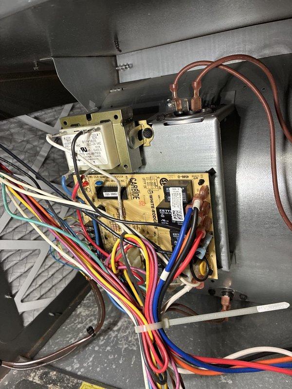 Completed installation of new air conditioning system including indoor air handler unit with integrated control board, capacitor, and electrical components. System was properly wired, refrigerant lines connected to copper fittings, and ductwork integrated with existing infrastructure. All electrical connections were secured, control board tested for proper operation, and unit commissioned to manufacturer specifications with balance payment collected upon completion.