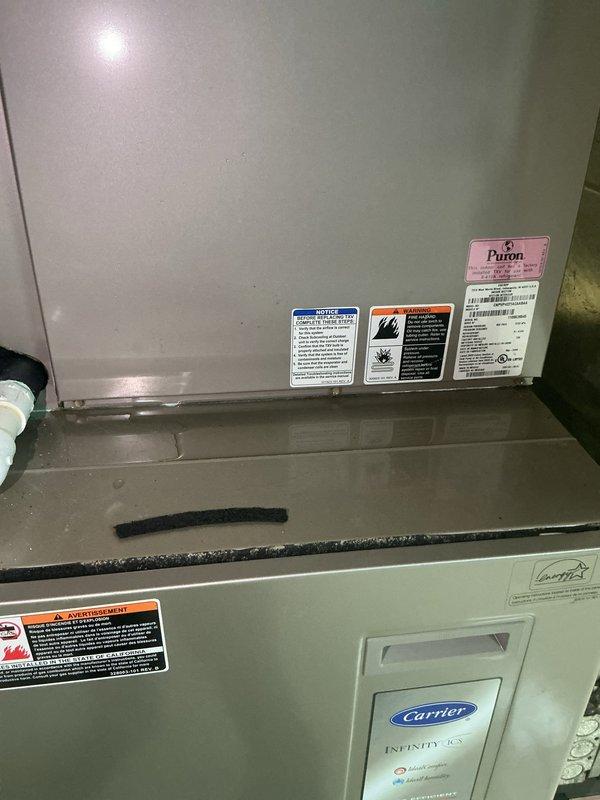 Completed scheduled preventative maintenance on Carrier Infinity cooling system as part of ongoing service plan. Performed comprehensive inspection of air handler unit, verified proper operation of all components, and documented equipment condition with photographic records. Noted moisture accumulation on utility room floor near equipment location and addressed drainage concerns to prevent future issues.