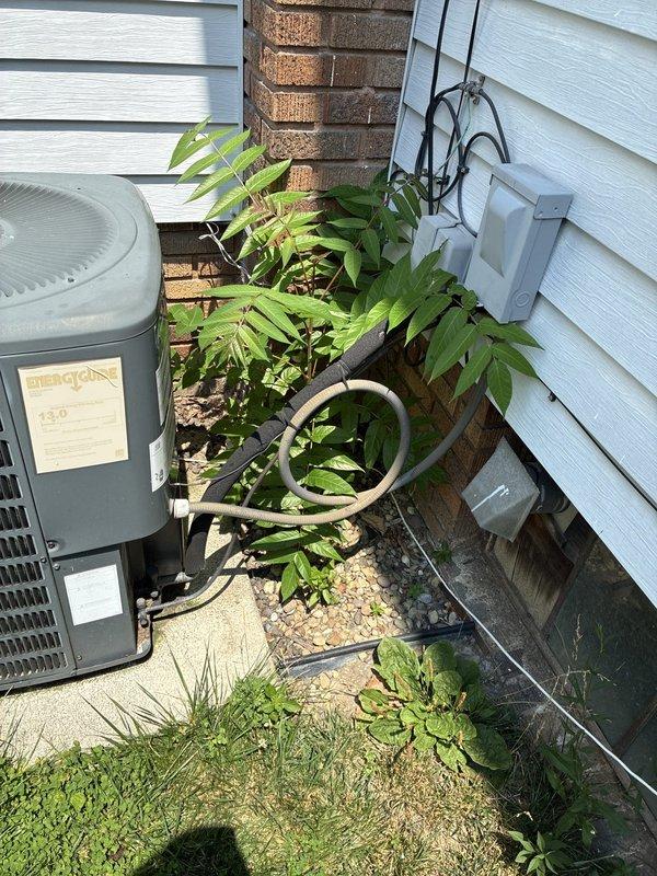 Conducted comprehensive site evaluation for HVAC system replacement at residential property. Assessed existing outdoor condenser unit with gray cylindrical housing and indoor furnace system located in basement utility area. Documented current equipment configuration including refrigerant line routing, electrical disconnect, and ductwork connections. Evaluated accessibility for replacement work, noting adequate clearance around outdoor unit despite vegetation growth near foundation. Inspected basement installation space with vertical furnace mounted against concrete block wall and flexible ductwork distribution system. Provided customer with multiple replacement options including AC-only upgrade and complete system replacement packages. Photographed existing equipment conditions and installation environment for proposal documentation.