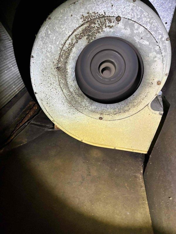 Completed cooling season tune-up on Unico high-velocity HVAC system. Inspected blower wheel assembly and housing, noting accumulated dust and debris on interior surfaces; verified electrical connections at control panels and contactors in attic installation. All system components operational and ready for continued service.