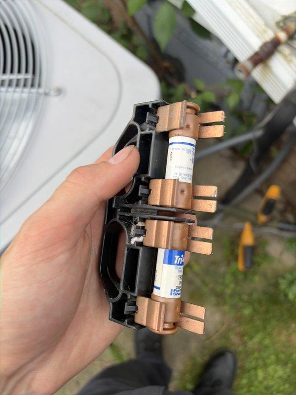 Completed comprehensive cooling maintenance on two HVAC systems as part of scheduled preventive maintenance program. Performed thorough inspection of electrical components including contactors, relays, and control circuits on both units. Inspected and tested fuse assemblies with blade-style connectors, verifying proper amperage ratings and electrical continuity. Examined outdoor condenser units, checking electrical connections, wiring integrity, and overall system operation. All components found to be functioning within normal parameters, with systems operating efficiently for continued cooling season performance.