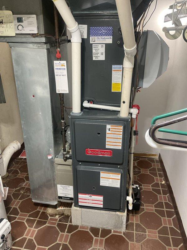 Completed scheduled preventive maintenance on Goodman cooling system. Performed comprehensive inspection of air handler and condensing unit, verified refrigerant charge and system temperatures with digital thermometer reading 5.0°F temperature split, checked electrical connections and controls, inspected ductwork and drainage components including PVC condensate lines, and confirmed all safety devices functioning properly. System operating within manufacturer specifications with no deficiencies noted.