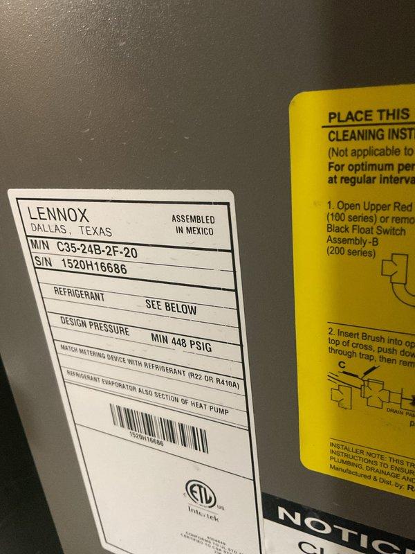 Performed comprehensive air conditioning tune-up on Lennox condensing unit model C35-24B-2F-20 as part of scheduled maintenance plan. Conducted complete system inspection including refrigerant charge verification, electrical connections, condenser coil cleaning, and operational testing of all components. System found operating within manufacturer specifications with no deficiencies noted; confirmed proper drainage through condensate system and verified all safety controls functioning correctly.