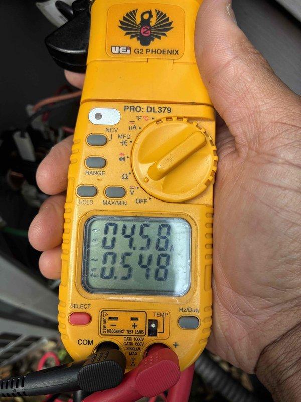 Completed cooling system tune-up maintenance on residential HVAC unit. Performed standard diagnostic testing including electrical measurements at the outdoor disconnect, verified proper amperage draws on compressor and condenser fan motor, and confirmed system operational parameters were within manufacturer specifications.