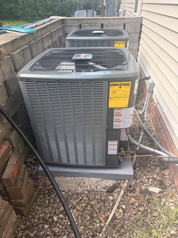 Completed installation of two complete HVAC systems including 96% efficiency furnaces, air conditioning units, and one humidifier. Both outdoor condensing units were professionally installed on gravel pads with proper clearances, copper refrigerant lines were run and connected to the home, and all systems were charged, tested, and verified using digital manifold gauges to ensure optimal performance and efficiency.