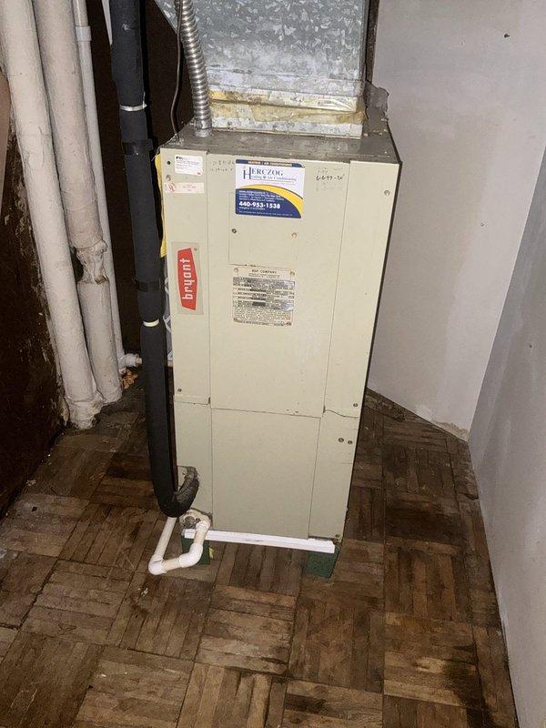 Completed diagnostic evaluation and provided replacement options for existing Bryant furnace system located in basement utility area. Unit showed signs of age with weathered ductwork connections and typical wear patterns. Assessed accessible installation conditions and documented current equipment configuration including ductwork connections, PVC condensate drainage, and electrical components. Photographed indoor furnace unit and outdoor HVAC control equipment mounted on rooftop platform with heavily corroded support frame requiring attention during replacement. Provided comprehensive replacement estimate covering new equipment installation to address aging system components.