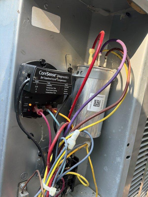 Completed two non-member HVAC tune-ups on residential systems. Performed comprehensive preventive maintenance inspections including examination of electrical components, CoreSense diagnostic module, capacitor connections, and ductwork condition. Documented system condition with interior cabinet photos showing normal operational dust accumulation and verified all wiring connections to compressor components.