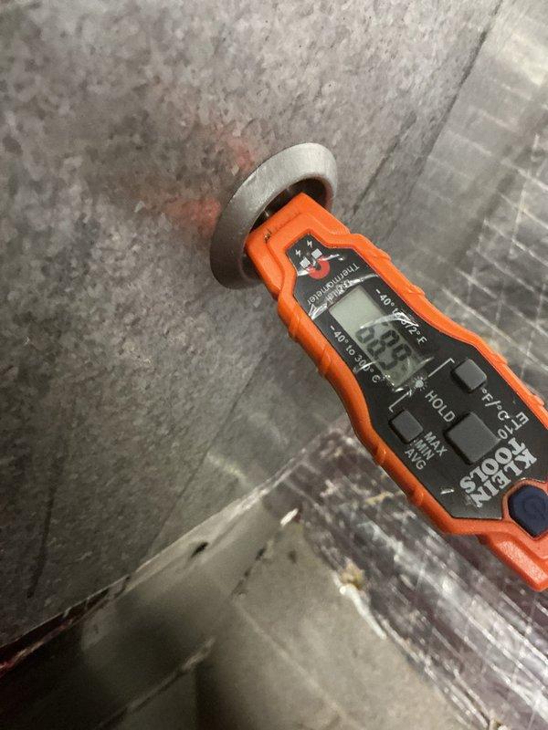 Completed scheduled cooling system maintenance visit. Performed comprehensive system diagnostics using digital testing equipment to measure refrigerant line temperatures and verify proper system operation. All readings were within normal operating parameters, with refrigerant lines showing appropriate temperature differential of 189°F, indicating proper heat transfer and system efficiency. Inspected insulation integrity on refrigerant lines and confirmed adequate coverage with no significant deterioration requiring immediate attention.