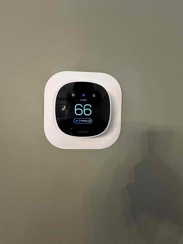 Completed first-year cooling system maintenance including inspection of blower motor assembly and installation of customer-provided air filter. Verified thermostat operation with ecobee unit displaying proper cooling mode functionality at 66 degrees, confirmed blower motor electrical connections secure, and assessed overall system performance with no issues identified.