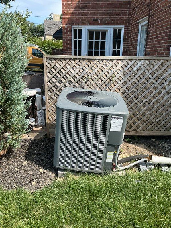 Responded to no cooling complaint on residential split system HVAC unit. Upon arrival, performed diagnostic evaluation of indoor air handler located in utility closet and outdoor condensing unit positioned at exterior of home. Inspected system components including refrigerant lines, electrical connections, and drainage piping. Verified unit specifications and manufacturer information, documented equipment condition and installation configuration for service records.