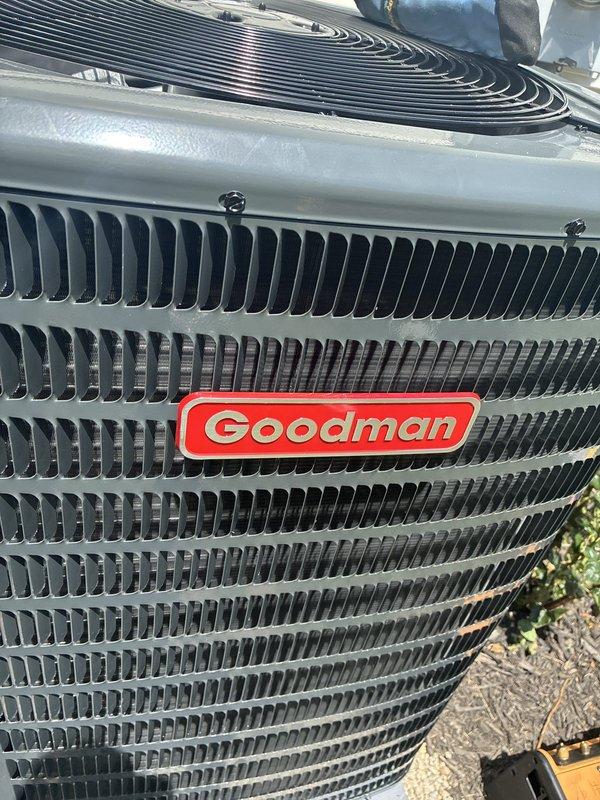 Completed full HVAC system installation including 96% high-efficiency furnace and matching air conditioning condenser unit. Installed Goodman brand outdoor condensing unit on concrete pad with proper refrigerant line connections, verified all electrical connections, and confirmed system operational with normal condensation present during startup testing.