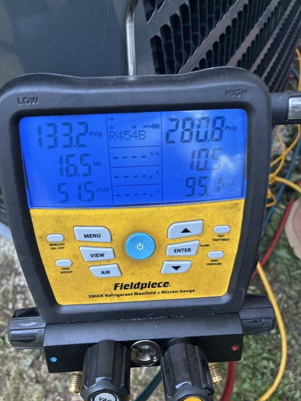 Completed full installation of Goodman brand air conditioning system at residential property. Performed system startup, refrigerant charging, and pressure testing using calibrated manifold gauges to verify proper superheat, subcooling, and operating pressures across both high and low sides of the system. All readings confirmed within manufacturer specifications for optimal performance and efficiency.