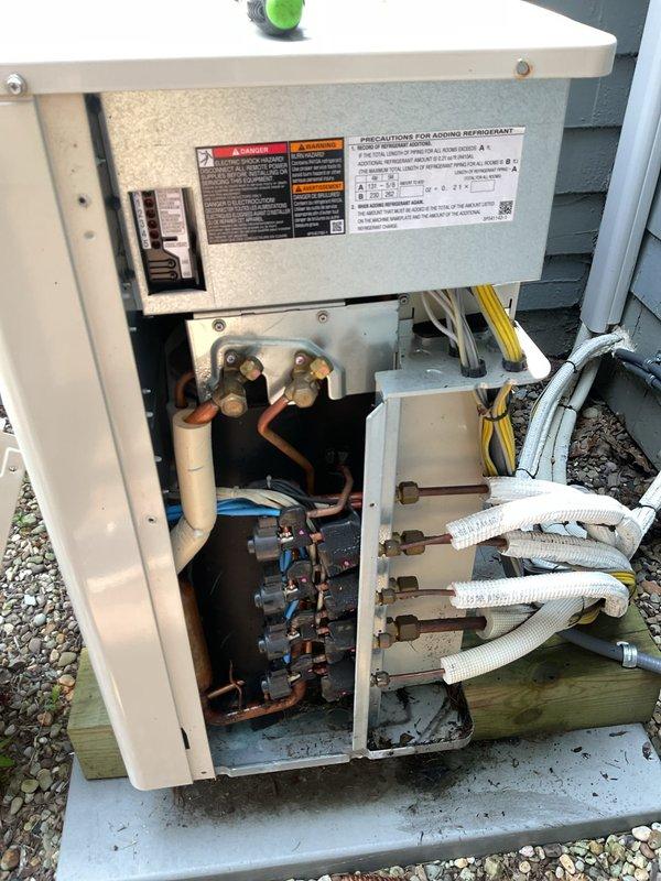 Performed comprehensive preventive maintenance on a five-year-old Daikin mini split system. Inspected outdoor condenser unit, accessing internal components to examine refrigerant lines, service valves, and electrical connections. All copper refrigerant piping, insulated line sets, and valve fittings found in satisfactory condition with no visible leaks or damage. Verified proper installation of unit on concrete pad with adequate clearance. Checked condenser coils through protective grille, confirmed electrical disconnect box accessible and secure. System operating as expected with no issues identified during inspection. Confirmed contact information on file and scheduled next maintenance for 2026.