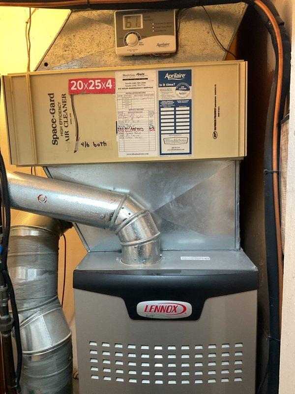 Completed cooling season tune-up on Lennox HVAC system. Performed standard maintenance inspection of unit, verified proper operation of all components, and checked refrigerant levels and airflow. System found to be operating within manufacturer specifications with 20x25x4 Space-Gard filter in place for optimal air quality.