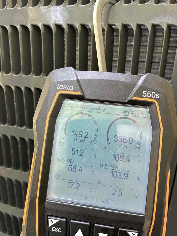 Completed installation of a new 80% efficiency furnace and air conditioning system with liner. System was thoroughly tested and commissioned, with refrigerant pressures verified at 149.2 psi low side and 356.0 psi high side, confirming proper charge and operation. Exterior disconnect box was professionally mounted and wired to code specifications.