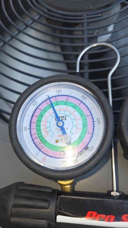 Responded to customer report of insufficient cooling from air conditioning unit. Upon arrival, connected manifold gauges to measure system pressures and diagnose the cooling issue. Performed pressure and temperature readings on the refrigerant system to assess operational parameters and identify the root cause of reduced cooling performance.