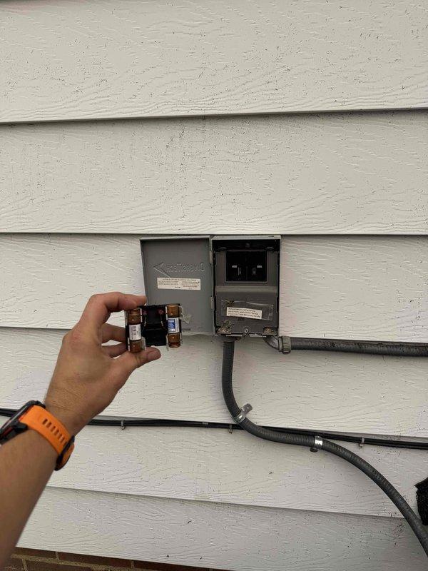 Completed scheduled preventative maintenance on residential cooling system. Inspected and tested electrical disconnect components including fuses and contacts, verified proper operation of blower wheel assembly, and confirmed all mechanical components are functioning within normal parameters.
