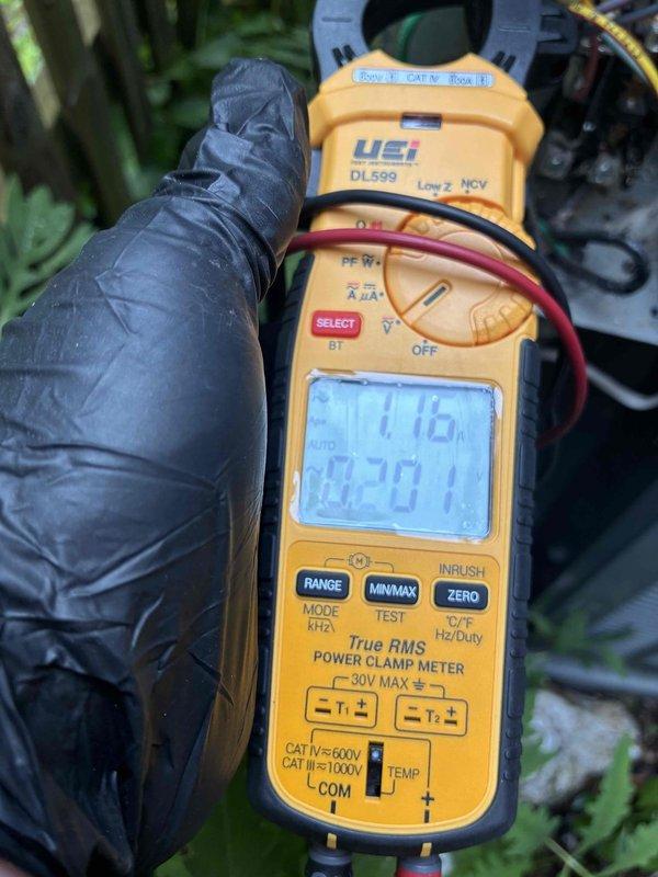 Performed scheduled preventive maintenance on residential cooling system. Conducted electrical diagnostics using True RMS power clamp meter to verify proper amperage draw and voltage readings on outdoor condensing unit, confirming system operating within manufacturer specifications.