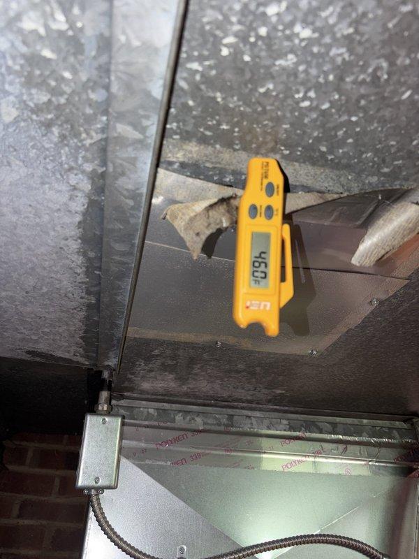 Completed comprehensive HVAC cooling system tune-up, including temperature differential measurements at the air handler showing 48.8°F supply air temperature and electrical diagnostics at the outdoor condensing unit with current draw readings of 25.8 amps at 0.31 voltage drop. All system components inspected, tested, and found operating within normal parameters for optimal cooling performance.