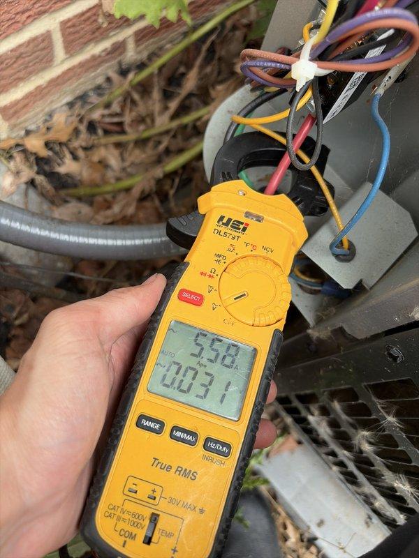 Completed comprehensive HVAC cooling system tune-up, including temperature differential measurements at the air handler showing 48.8°F supply air temperature and electrical diagnostics at the outdoor condensing unit with current draw readings of 25.8 amps at 0.31 voltage drop. All system components inspected, tested, and found operating within normal parameters for optimal cooling performance.