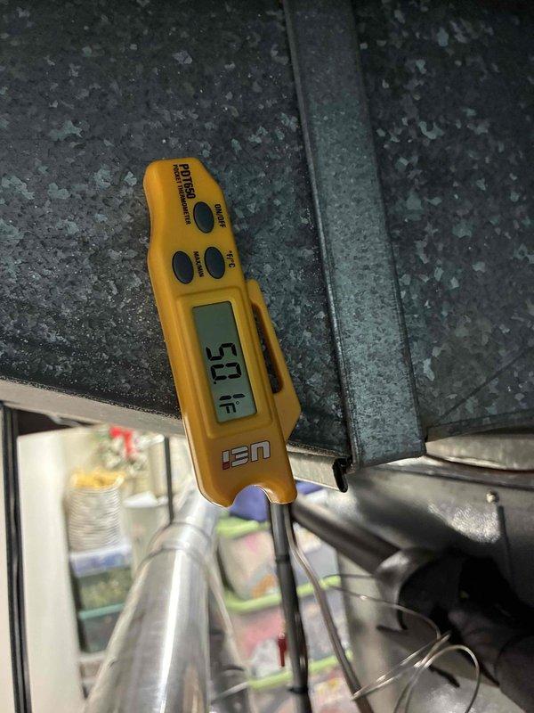 Responded to call for AC unit not cooling adequately. Upon arrival, performed diagnostic testing of system temperatures using calibrated digital thermometer. Measured supply air temperature at ductwork, recording readings of 52°F and 54°F, which indicated insufficient cooling performance. Inspected HVAC components, ductwork, and refrigerant lines to identify cause of reduced cooling capacity.