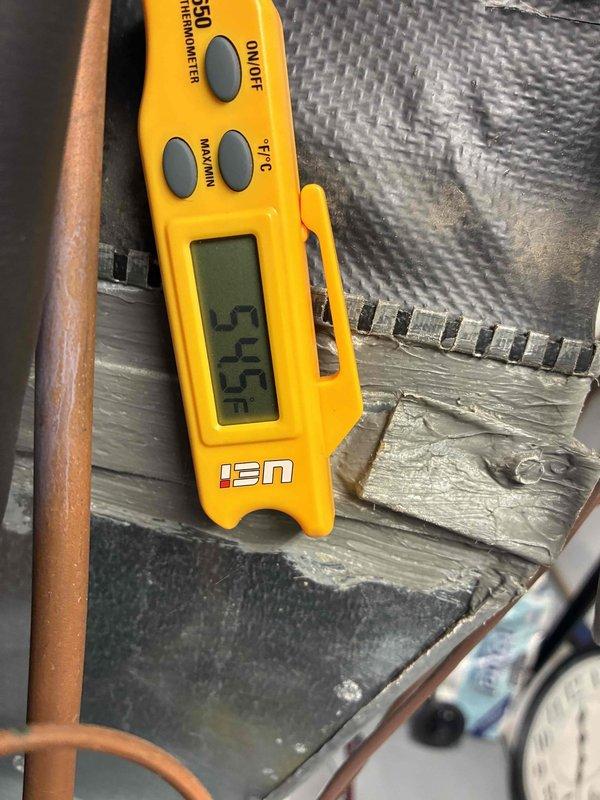 Responded to call for AC unit not cooling adequately. Upon arrival, performed diagnostic testing of system temperatures using calibrated digital thermometer. Measured supply air temperature at ductwork, recording readings of 52°F and 54°F, which indicated insufficient cooling performance. Inspected HVAC components, ductwork, and refrigerant lines to identify cause of reduced cooling capacity.