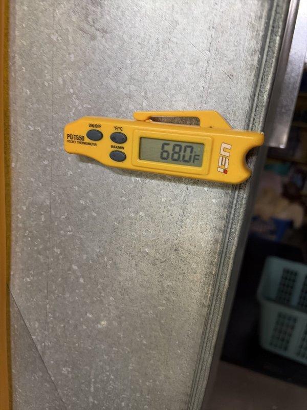 Completed routine HVAC cooling maintenance inspection, including examination of the air filtration system with pleated accordion-style filter showing normal wear and operational condition. Verified supply air temperature at 68.0°F using calibrated digital thermometer, confirming proper system performance and cooling output within acceptable parameters.