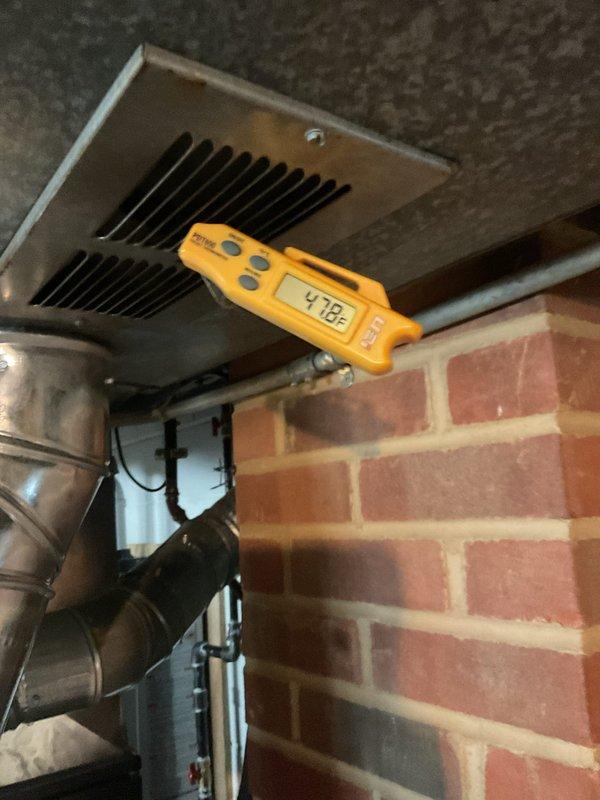 Completed comprehensive cooling system maintenance on residential HVAC unit. Performed thorough inspection of outdoor condenser unit, verifying proper electrical connections, contactor operation, and capacitor functionality, with all wiring found secure and properly bundled. Measured supply air temperature at interior vent register, recording 47°F output, confirming adequate cooling performance and system efficiency within normal operating parameters.