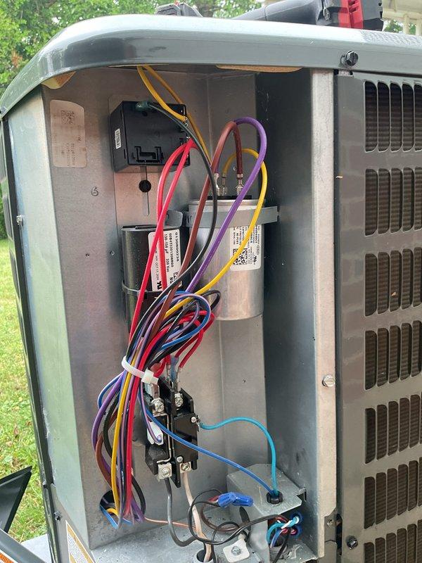 Completed comprehensive cooling system maintenance on residential HVAC unit. Performed thorough inspection of outdoor condenser unit, verifying proper electrical connections, contactor operation, and capacitor functionality, with all wiring found secure and properly bundled. Measured supply air temperature at interior vent register, recording 47°F output, confirming adequate cooling performance and system efficiency within normal operating parameters.