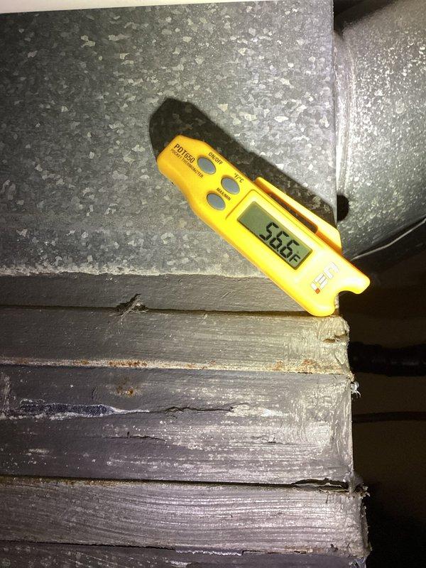 Responded to emergency no-cooling call for 6-year-old air conditioning system with 6°F temperature differential between thermostat setpoint (73°F) and actual indoor temperature (79°F). Performed diagnostic temperature measurements at multiple points including supply air temperature at ductwork (58.5°F) and thermostat location (73°F) to assess system performance and airflow distribution. Documented equipment conditions and temperature readings throughout the system to identify cooling capacity issues affecting comfort during critical time period.