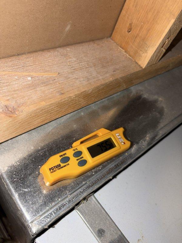 Completed comprehensive cooling system tune-up and performance evaluation. Conducted temperature differential measurements at supply registers, recording 57.3°F output, and performed moisture readings at window areas to assess indoor humidity levels and overall system efficiency. All components inspected and system operating within normal parameters.